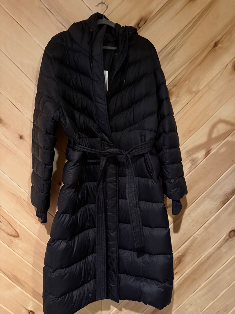 NWT Black Long Hooded Belted Puffer Coat